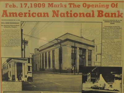 Vintage newspaper announcing opening of bank